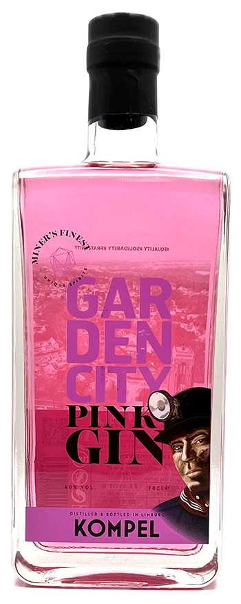 Fles Kompel Miner's Finest Garden City Pink Gin, gin van Kompel, op voorraad bij slijterij ’t Bockje in Bathmen