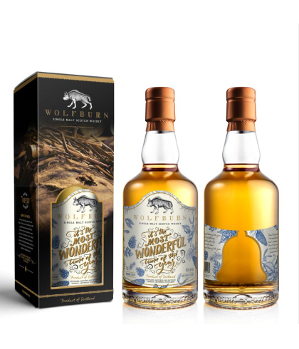 Fles Wolfburn Christmas Edition 2023, Schotse single malt whisky uit Thurso, op voorraad bij slijterij t Bockje in Bathmen