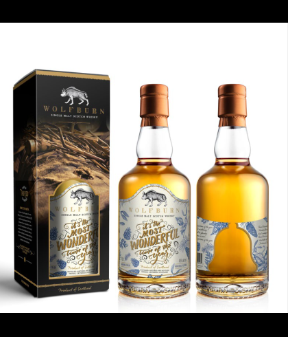 Fles Wolfburn Christmas Edition 2023, Schotse single malt whisky uit Thurso, op voorraad bij slijterij t Bockje in Bathmen
