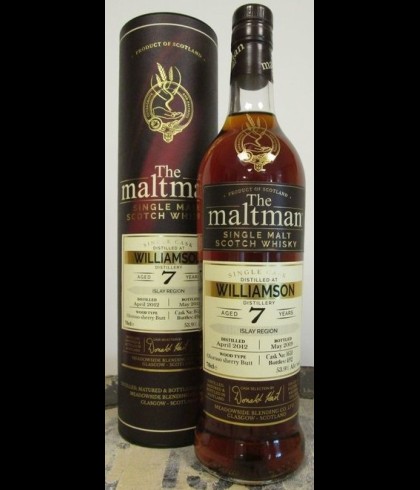 Fles The Maltman Williamson 2012 7 Years Old, enkel vat gebotteld door The Maltman uit Glasgow, op voorraad bij slijterij t Bockje in Bathmen