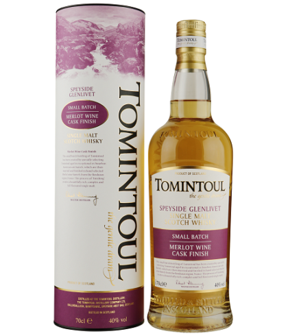 Fles Tomintoul Merlot Wine Cask Finish, Speyside single malt whisky, op voorraad bij slijterij t Bockje in Bathmen