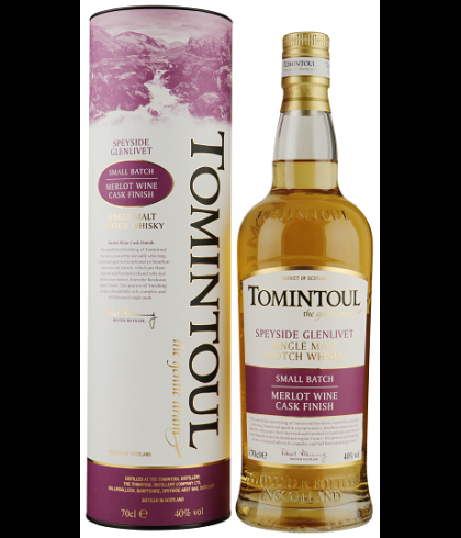 Fles Tomintoul Merlot Wine Cask Finish, Speyside single malt whisky, op voorraad bij slijterij t Bockje in Bathmen