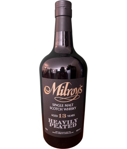 Fles Milroy's 13 Years Old Single Malt Heavily Peated, whisky, bij slijterij t Bockje in Bathmen