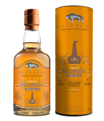 Fles Wolfburn 7 Years Old Oloroso, Schotse single malt whisky uit Thurso, op voorraad bij slijterij t Bockje in Bathmen