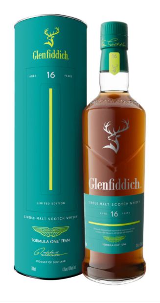 Fles Glenfiddich 16 Years Old Formula One Aston Martin, single malt whisky, op voorraad bij slijterij t Bockje in Bathmen