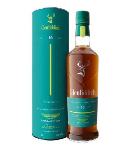 Fles Glenfiddich 16 Years Old Formula One Aston Martin, single malt whisky, op voorraad bij slijterij t Bockje in Bathmen