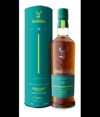 Fles Glenfiddich 16 Years Old Formula One Aston Martin, single malt whisky, op voorraad bij slijterij t Bockje in Bathmen