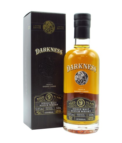 Fles Darkness - Lochindaal Moscatel Sherry Cask Finish 9 year old Whisky, whisky, op voorraad bij slijterij t Bockje in Bathmen
