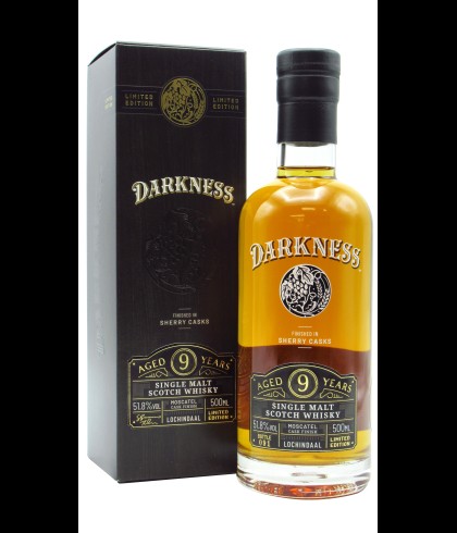 Fles Darkness - Lochindaal Moscatel Sherry Cask Finish 9 year old Whisky, whisky, op voorraad bij slijterij t Bockje in Bathmen