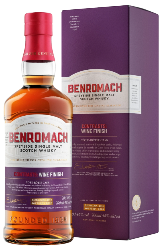 Fles Benromach Côte Rôtie Wine Finish, single malt whisky, op voorraad bij slijterij t Bockje in Bathmen