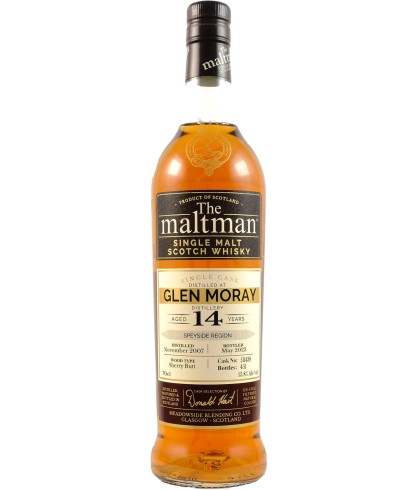 Fles The Maltman Glen Moray 14 Years Old 2007, enkel vat gebotteld door The Maltman uit Glasgow, op voorraad bij slijterij t Bockje in Bathmen