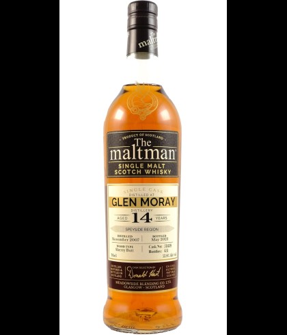 Fles The Maltman Glen Moray 14 Years Old 2007, enkel vat gebotteld door The Maltman uit Glasgow, op voorraad bij slijterij t Bockje in Bathmen