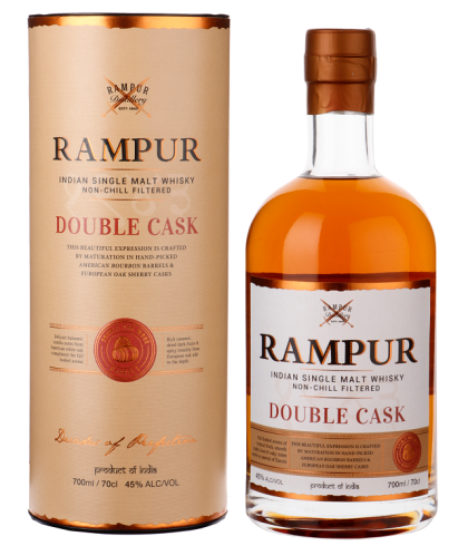 Fles Rampur Double Cask, Indiase single malt whisky, op voorraad bij slijterij t Bockje in Bathmen