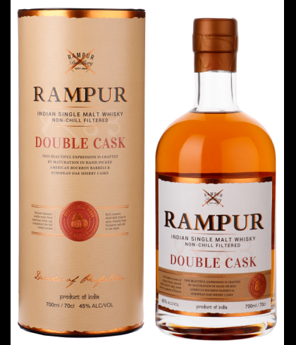 Fles Rampur Double Cask, Indiase single malt whisky, op voorraad bij slijterij t Bockje in Bathmen