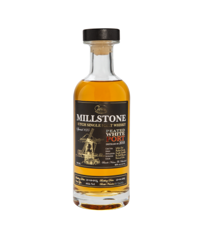 Fles Millstone Peated White Port Special #25, Nederlandse whisky van Zuidam Distillers, op voorraad bij slijterij t Bockje in Bathmen