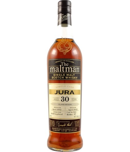 Fles The Maltman Jura 30 Years Old 1992, enkel vat gebotteld door The Maltman uit Glasgow, op voorraad bij slijterij t Bockje in Bathmen