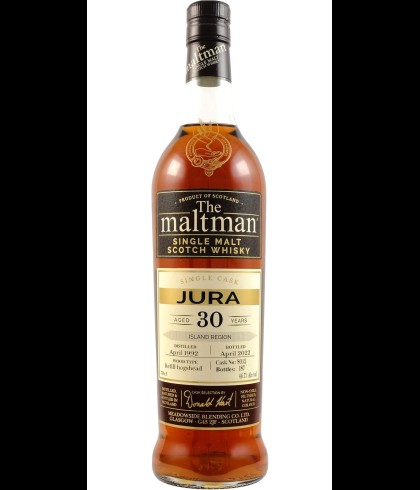 Fles The Maltman Jura 30 Years Old 1992, enkel vat gebotteld door The Maltman uit Glasgow, op voorraad bij slijterij t Bockje in Bathmen