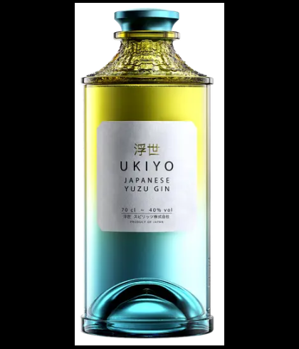 Fles Ukiyo Japanese Yuzu Gin, gin, op voorraad bij slijterij t Bockje in Bathmen