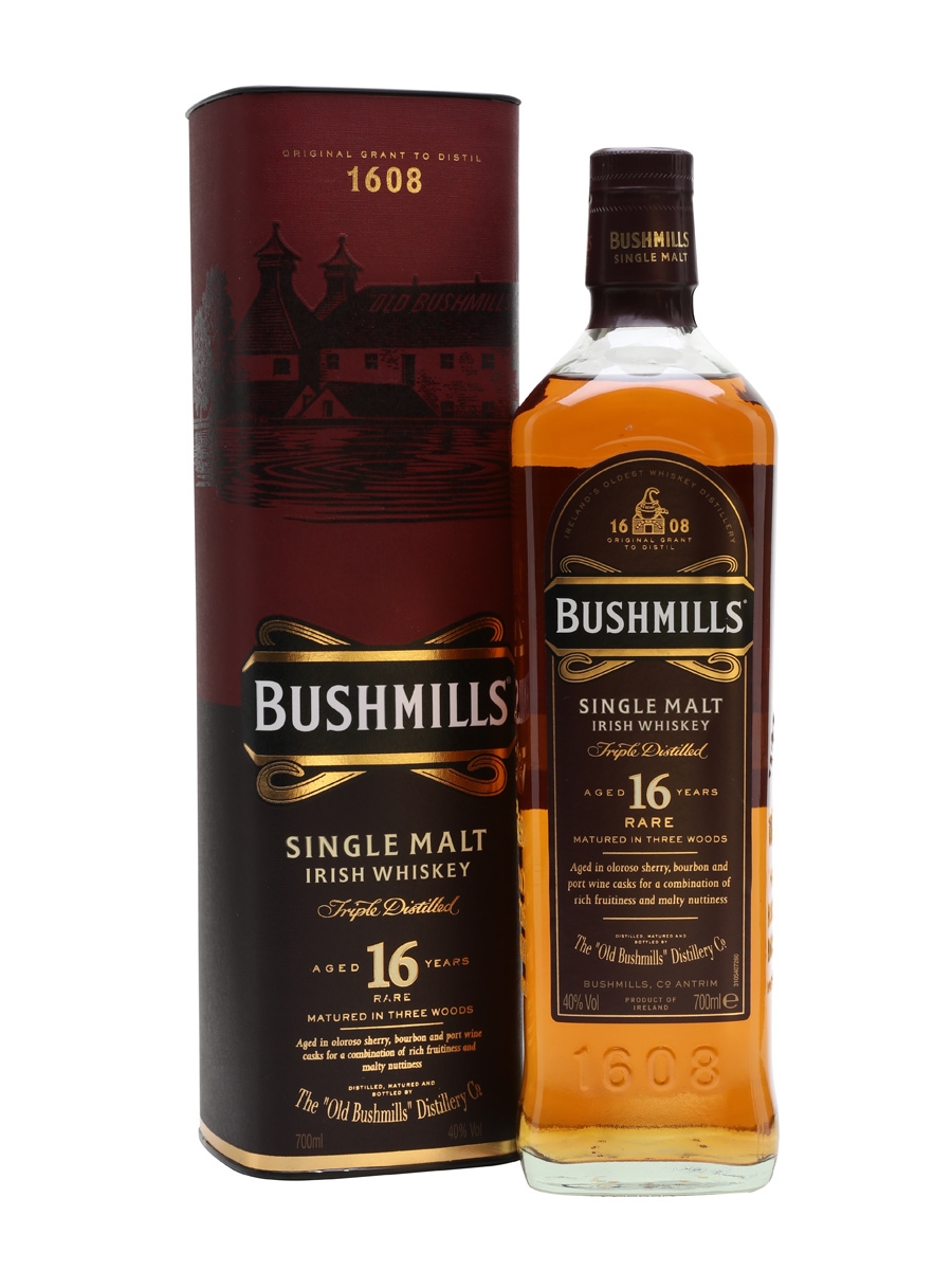 Fles Bushmills 16 Years Old, single malt whisky, op voorraad bij slijterij t Bockje in Bathmen