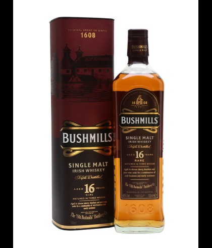 Fles Bushmills 16 Years Old, single malt whisky, op voorraad bij slijterij t Bockje in Bathmen