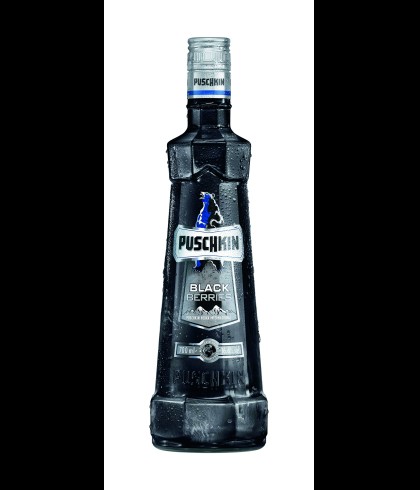 Fles Puschkin Black, wodka, bij slijterij t Bockje in Bathmen