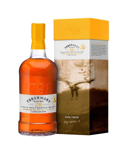 Fles Tobermory 26 Years Old Cask Finish Expression 4, single malt whisky van het eiland Mull, op voorraad bij slijterij t Bockje in Bathmen