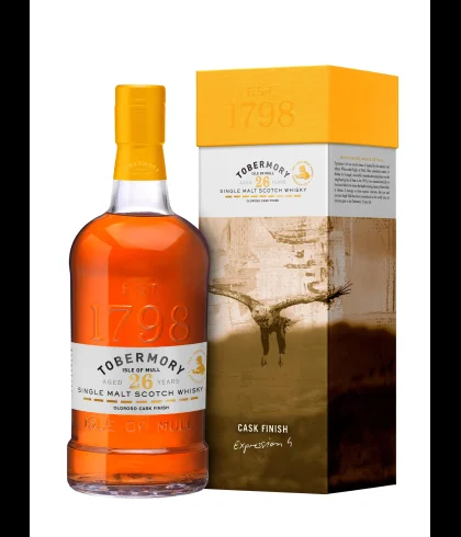 Fles Tobermory 26 Years Old Cask Finish Expression 4, single malt whisky van het eiland Mull, op voorraad bij slijterij t Bockje in Bathmen