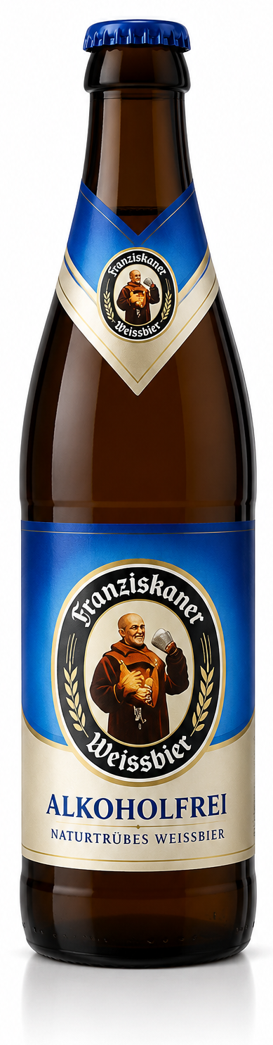 Fles Franziskaner Weissbier Alkoholfrei, bier van Franziskaner, op voorraad bij slijterij t Bockje in Bathmen
