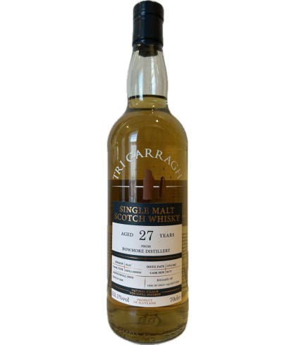 Fles Tri Carragh Bowmore 27 Years Old, single malt whisky, op voorraad bij slijterij t Bockje in Bathmen