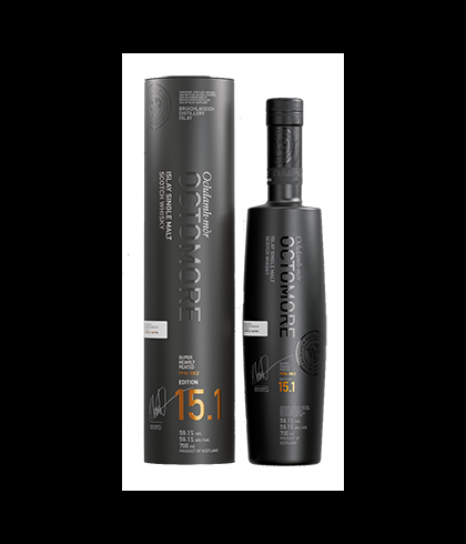 Fles Octomore 15.1, zwaar geturfde Islay single malt, op voorraad bij slijterij t Bockje in Bathmen