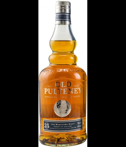 Fles Old Pulteney 25 Years Old, Schotse Highland single malt uit Wick, op voorraad bij slijterij t Bockje in Bathmen