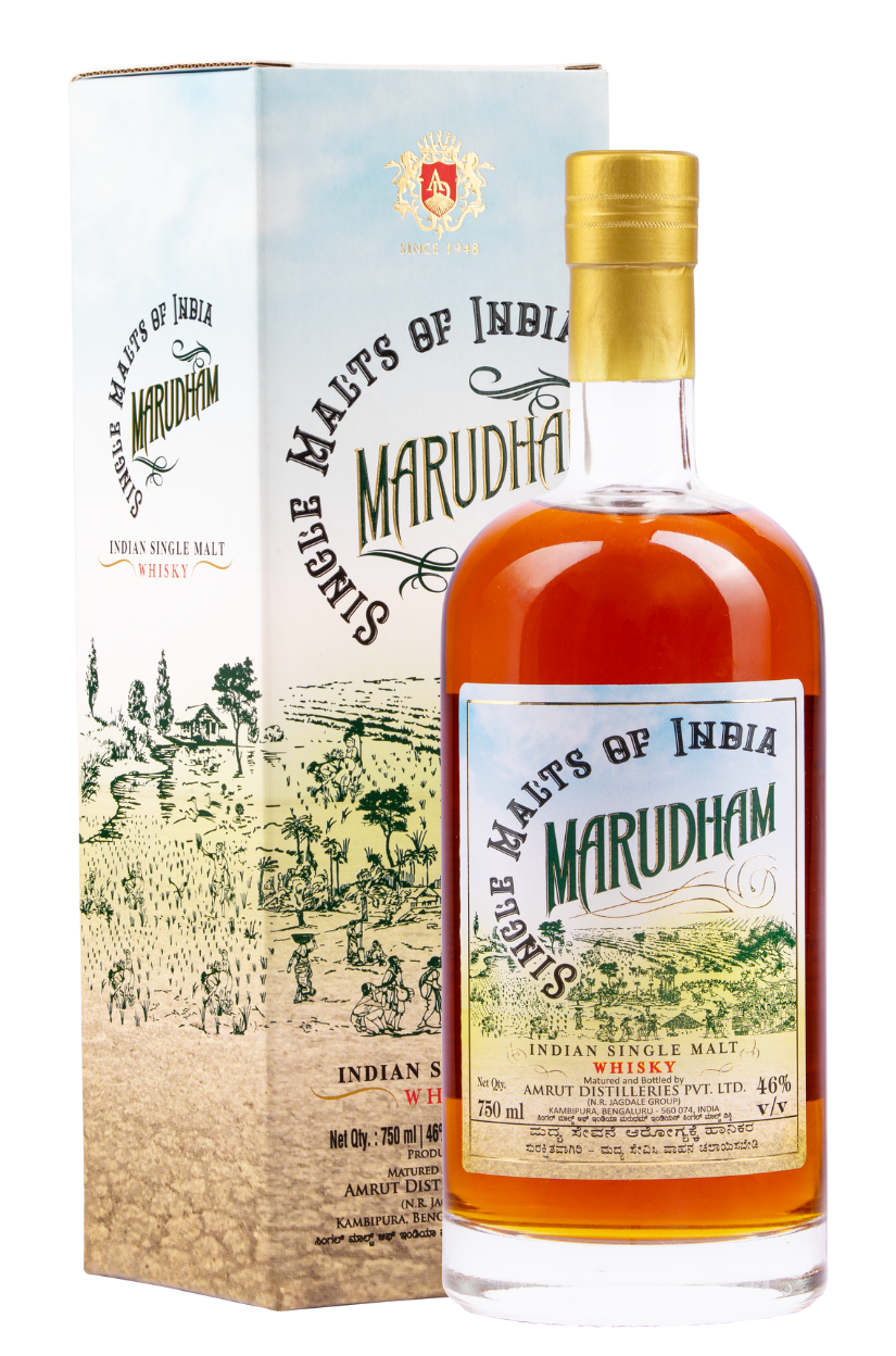 Fles Amrut Marudham Single Malt of India, Indiase single malt whisky, op voorraad bij slijterij t Bockje in Bathmen
