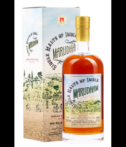 Fles Amrut Marudham Single Malt of India, Indiase single malt whisky, op voorraad bij slijterij t Bockje in Bathmen