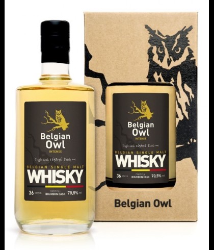 Fles Belgian Owl Intense, single malt whisky, op voorraad bij slijterij t Bockje in Bathmen