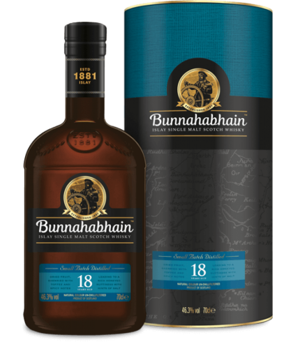 Fles Bunnahabhain 18 Years Old, single malt whisky, op voorraad bij slijterij t Bockje in Bathmen