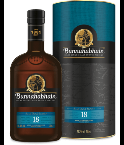 Fles Bunnahabhain 18 Years Old, single malt whisky, op voorraad bij slijterij t Bockje in Bathmen