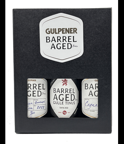 Gulpener Barrel Aged geschenkverpakking met drie flessen, op voorraad bij slijterij t Bockje in Bathmen