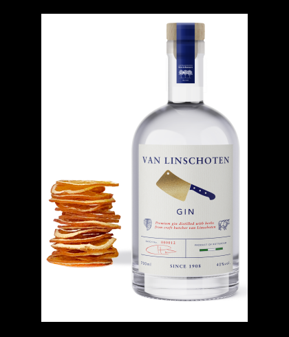Fles Van Linschoten Slagers Gin, gin, op voorraad bij slijterij t Bockje in Bathmen