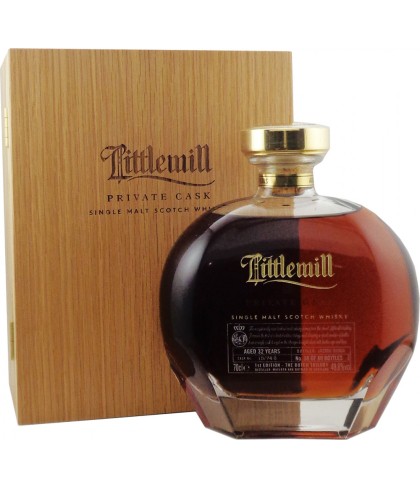 Fles Littlemill 32Y 1990 Private Cask #15/74-8, whisky uit een gesloten distilleerderij, bij slijterij t Bockje in Bathmen