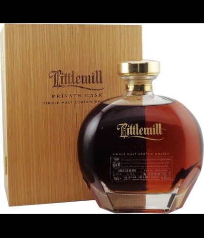 Fles Littlemill 32Y 1990 Private Cask #15/74-8, whisky uit een gesloten distilleerderij, bij slijterij t Bockje in Bathmen