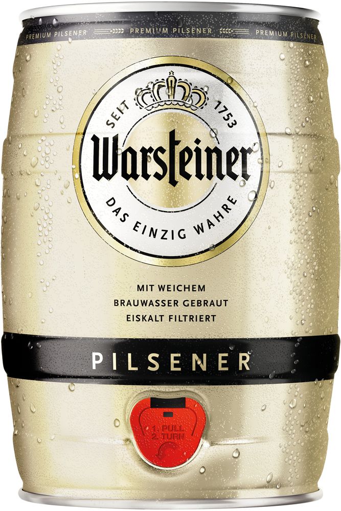 Fles Warsteiner pils tapblik 5 liter, bier van Warsteiner, op voorraad bij slijterij t Bockje in Bathmen