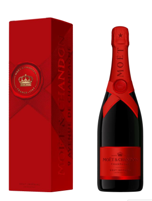 Fles Moët&Chandon Impérial giftbox Holiday Season 2025 limited edition rood, wijn, op voorraad bij slijterij ’t Bockje in Bathmen