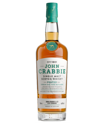 Fles John Crabbie Peated Virgin Oak Casks, whisky, op voorraad bij slijterij ’t Bockje in Bathmen