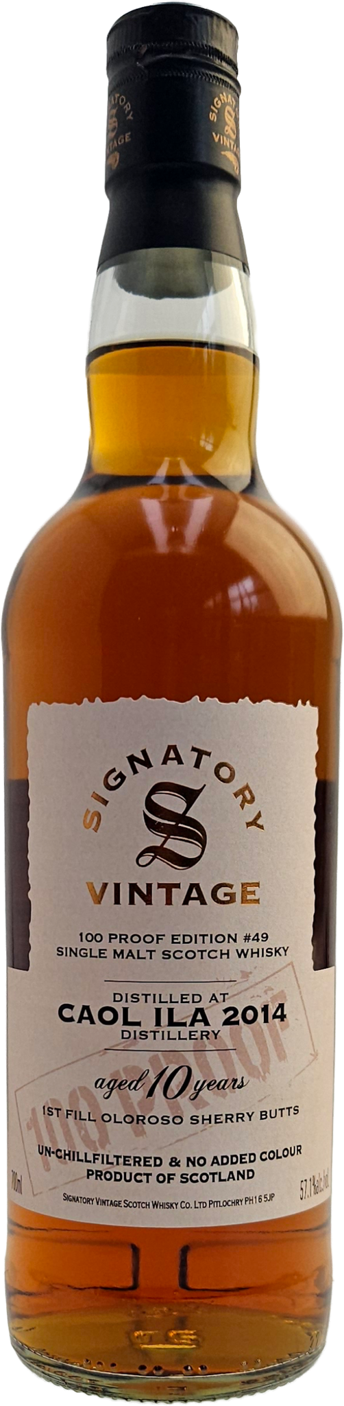 Fles Signatory Vintage Caol Ila 2014 100 Proof Edition #49, enkel vat gebotteld door Signatory Vintage, op voorraad bij slijterij t Bockje in Bathmen