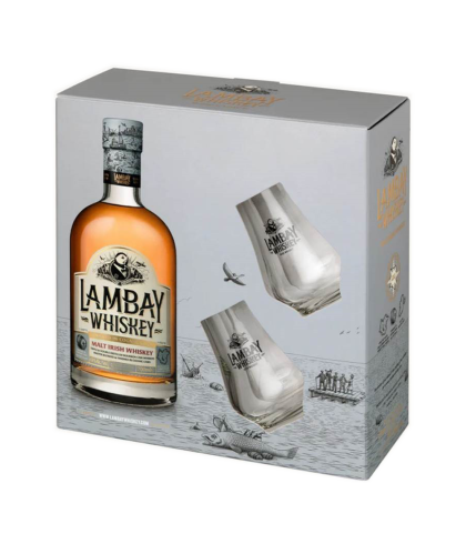 Fles Lambay Malt Irish Whiskey Giftpack met Glazen, whisky, bij slijterij t Bockje in Bathmen