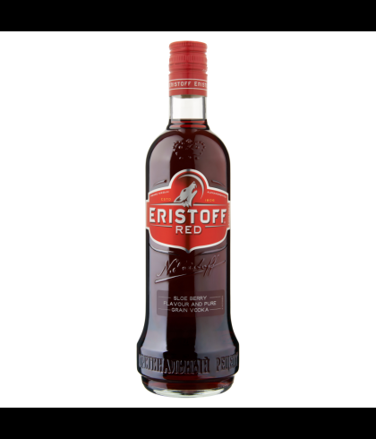 Fles Eristoff Vodka Red van 70 centiliter, wodka met sleedoorn, op voorraad bij slijterij t Bockje in Bathmen