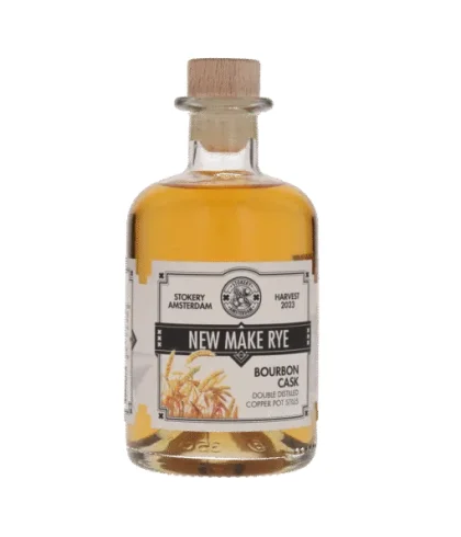 Fles Stokery Amsterdam New Make Rye Bourbon Cask, whisky, op voorraad bij slijterij t Bockje in Bathmen