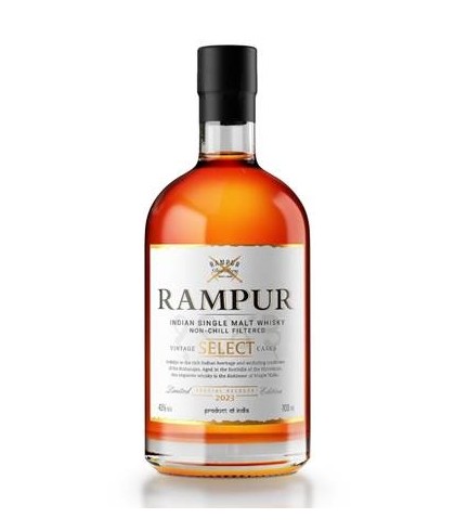 Fles Rampur Select Cask 2023, Indiase single malt whisky, op voorraad bij slijterij t Bockje in Bathmen