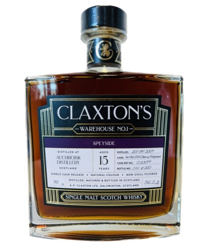 Fles Claxton’s Warehouse No.1 Auchroisk 15 Years Old, single malt whisky, op voorraad bij slijterij t Bockje in Bathmen