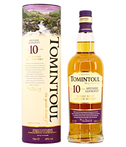 Fles Tomintoul 10 Years Old, Speyside single malt whisky, op voorraad bij slijterij t Bockje in Bathmen
